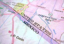 U.S. and Mexico border on map