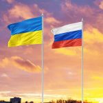 Ukrainian flag and Russian flag