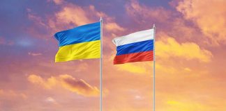 Ukrainian flag and Russian flag