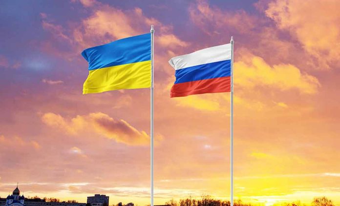 Ukrainian flag and Russian flag