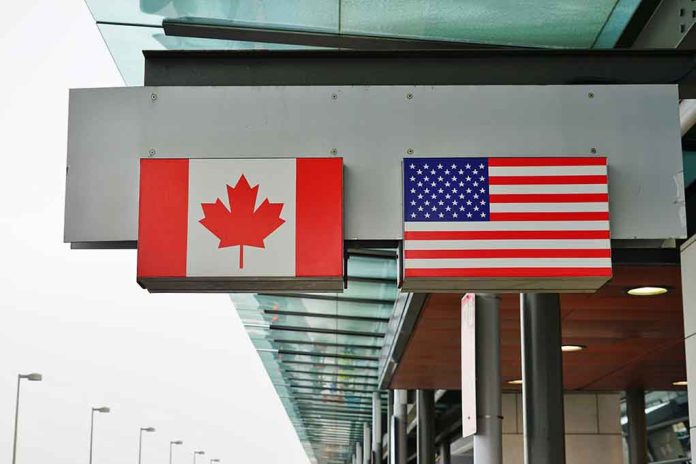 Canadian flag and US flag