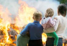 People standing in front of flames