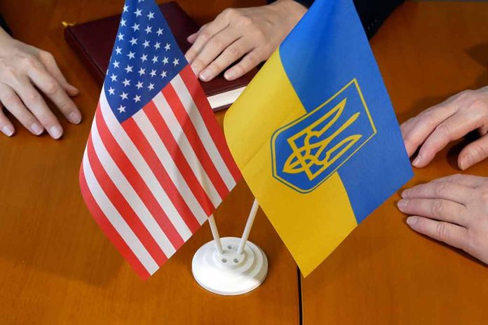 US flag and Ukrainian flag