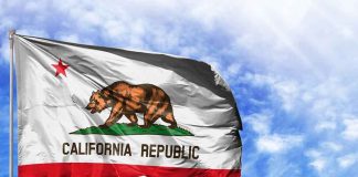 California Republic flag waving against blue sky