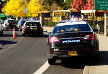 Police cars and school buses on roadside with cones