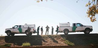 Border Patrol vehicles and agents on a ridge