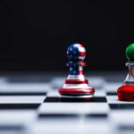 Chess pieces with USA and Iran flags on board