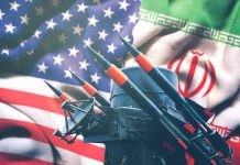 Missiles in front of US and Iran flags