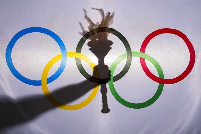 Olympic rings with a torch shadow