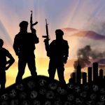 Three armed silhouettes near a smoky city skyline