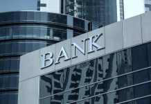 Bank building with reflective glass windows