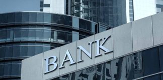 Bank building with reflective glass windows
