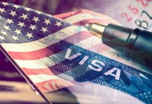 USA flag visa stamp and pen overlayed image