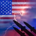 American and Russian flags with missile silhouettes and lightning