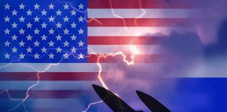 American and Russian flags with missile silhouettes and lightning