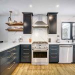 Modern kitchen with black cabinets and stainless appliances