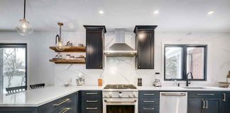 Modern kitchen with black cabinets and stainless appliances
