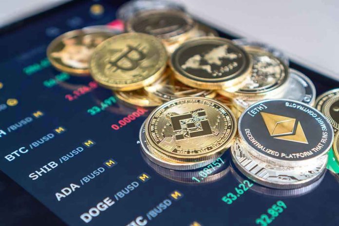 2002007354 Cryptocurrency coins on a trading screen background