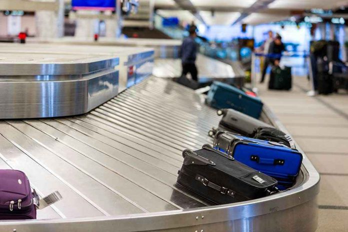 227875015 Luggage on airport baggage claim conveyor belt