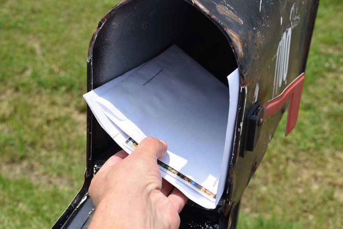 2318351967 Hand placing mail in a black mailbox