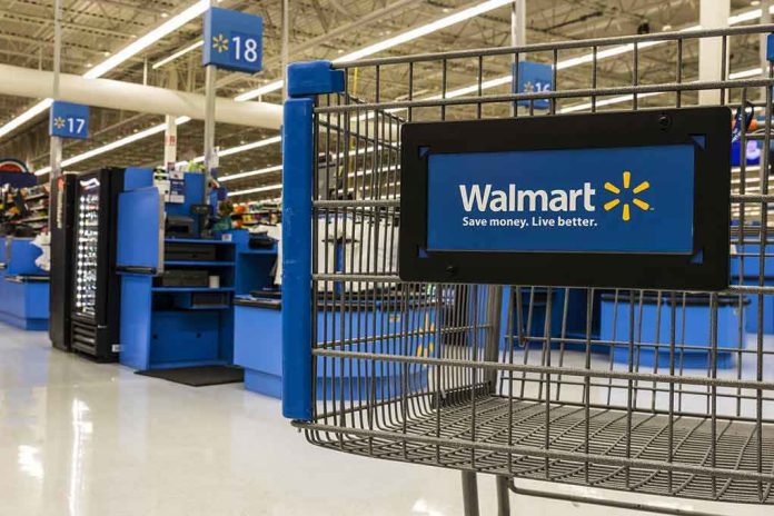 682617673 Walmart shopping cart inside store near checkout aisle