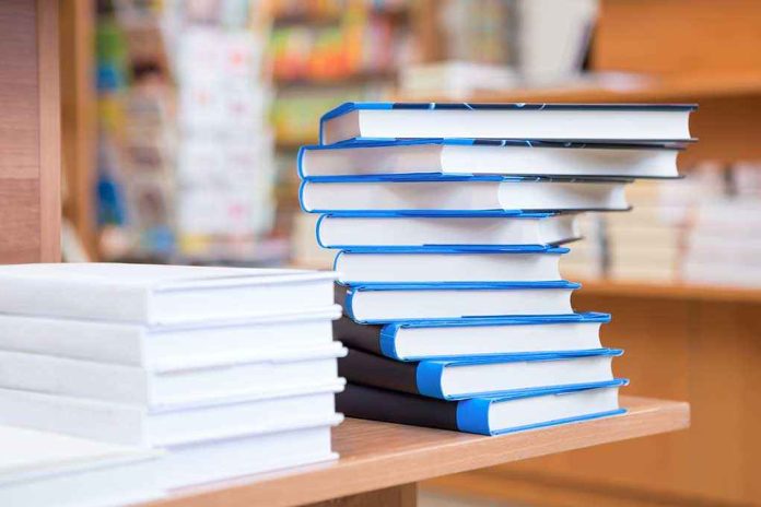 shutterstock_182569214.jpg A stack of neatly arranged books on a wooden table in a bookstore