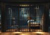 Empty prison cell with metal bars and bed