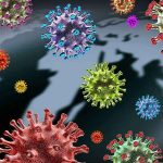 Colorful virus illustrations over a world map