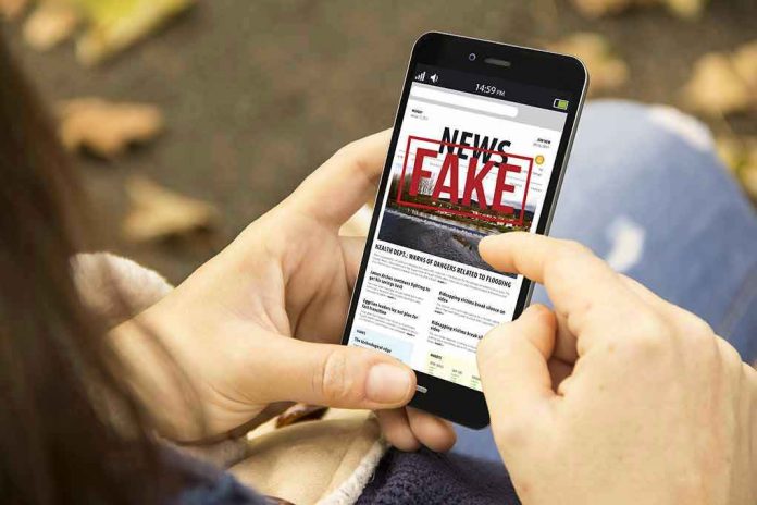 638642296 Person holding smartphone displaying fake news notification
