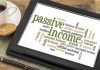 Word cloud on a tablet displaying terms related to passive income