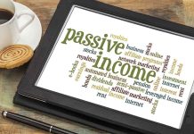 Word cloud on a tablet displaying terms related to passive income