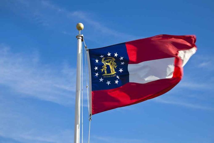 shutterstock_185068733.jpg Georgia state flag waving against a blue sky