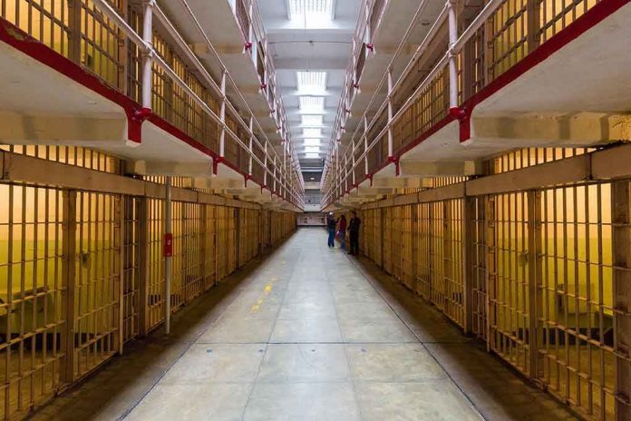 Long hallway with prison cells on both sides