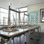 Empty classroom with chairs on top of desks