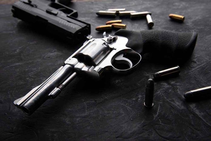 1938010207 Revolvers and bullets on a dark surface