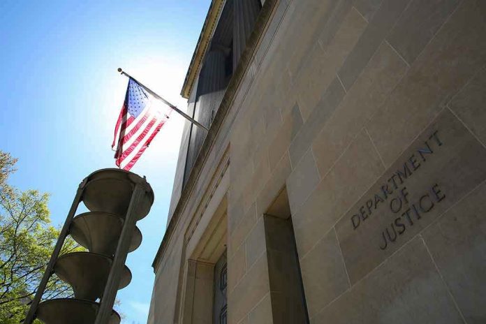2152403209 American flag at Department of Justice building exterior