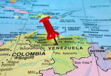 Red pin on Venezuela South America map