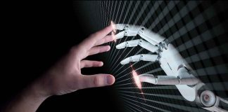Human and robotic hand reaching out to touch
