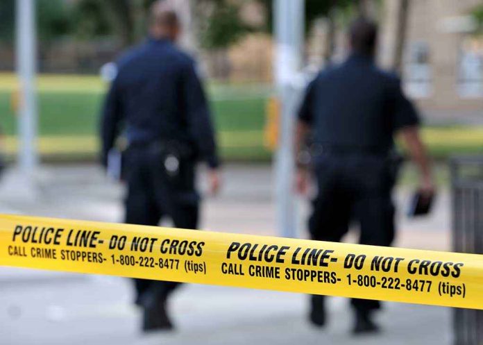 shutterstock_107853224.jpg Police officers walking past caution tape at a crime scene