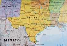 Map of Texas and surrounding states with highlighted borders