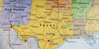 Map of Texas and surrounding states with highlighted borders