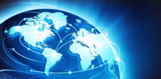 Illustration of a globe with digital connections and blue lighting