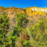 Hollywood sign on hillside with trees in foreground