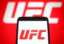 UFC logo on phone screen and background.