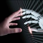 AI Tsunami Topples Big Tech Titans Human and robotic hand reaching out to touch.