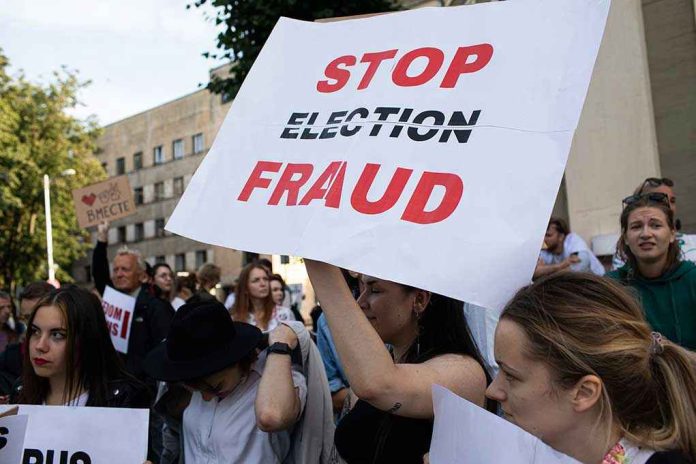 People holding Stop Election Fraud protest signs.