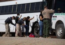 Border patrol officers investigating people near a bus.