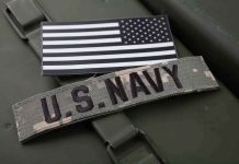 U.S. Navy patch with black-and-white American flag.