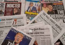 Trump Epstein Photos Ignite Hoax Fury Newspaper headlines about Trumps indictment.