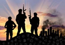 Mass Abduction: Sleepy Kids Snatched! Three armed silhouettes near a smoky city skyline.